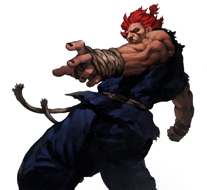 1boy bare_shoulders belt black_nails clenched_hand closed_mouth dark_skin dark_skinned_male diaodiao fingernails gouki highres looking_at_viewer male_focus muscle ponytail red_eyes redhead rope rope_belt simple_background solo street_fighter torn torn_clothes white_background