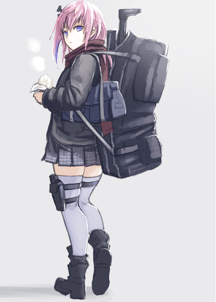 1girl bag bangs black_footwear closed_mouth fuku_(fuku12290574) full_body girls_frontline grey_background grey_legwear highres jacket long_hair long_sleeves looking_at_viewer multicolored_hair pink_hair pleated_skirt purple_hair scarf school_bag skirt solo st_ar-15_(girls_frontline) streaked_hair thigh-highs thigh_pouch violet_eyes walking