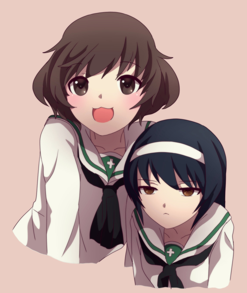 2girls 9s0ykoyama117 :3 :d absurdres akiyama_yukari bangs black_hair black_neckwear blouse blue_jacket brown_eyes brown_hair closed_mouth commentary cropped_torso eyebrows_visible_through_hair frown girls_und_panzer glaring grey_background hairband half-closed_eyes highres jacket leaning_forward long_hair long_sleeves looking_at_viewer messy_hair multiple_girls neckerchief ooarai_school_uniform open_mouth photo-referenced reizei_mako sailor_collar school_uniform serafuku short_hair simple_background smile white_blouse white_hairband white_sailor_collar