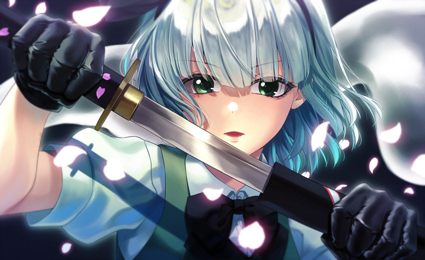 1girl akane_hazuki black_bow black_neckwear bow bowtie cherry_blossoms collared_shirt commentary_request eyebrows_visible_through_hair gloves glowing green_eyes green_vest hitodama holding holding_sword holding_weapon konpaku_youmu konpaku_youmu_(ghost) looking_at_viewer parted_lips petals puffy_short_sleeves puffy_sleeves sheath shirt short_hair short_sleeves silver_hair solo sword touhou unsheathing upper_body vest weapon white_shirt