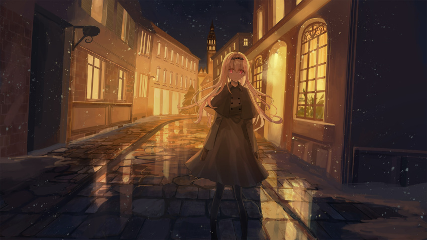 1girl bangs black_bow black_capelet black_dress black_gloves black_legwear blonde_hair bow building capelet character_request chihuri closed_mouth commentary_request dress eyebrows_visible_through_hair feet_out_of_frame gloves hair_between_eyes hair_bow highres long_hair long_sleeves looking_at_viewer night outdoors pantyhose red_eyes reflection snow snowing solo standing town very_long_hair vocaloid water window
