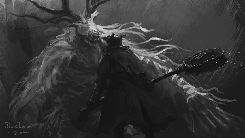 1other ambiguous_gender antlers bandages black_headwear bloodborne boots brown_capelet brown_coat coat copyright_name from_behind hat highres holding holding_weapon hunter_(bloodborne) long_sleeves monochrome monster sharp_teeth signature teeth tripdancer vicar_amelia weapon whirligig_saw