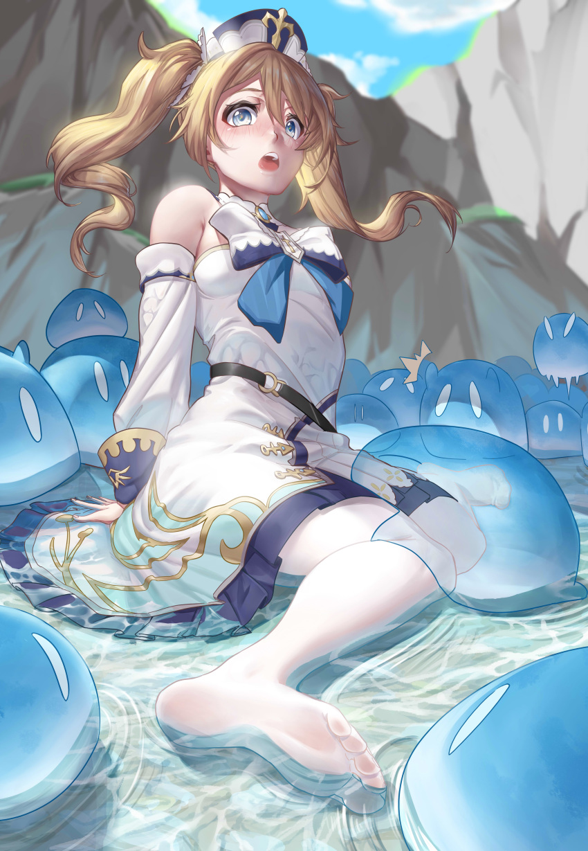 1girl absurdres arm_support bangs barbara_(genshin_impact) bare_shoulders blonde_hair blue_eyes blue_sky blush detached_sleeves dress genshin_impact grass hair_between_eyes highres in_water no_shoes outdoors pantyhose partially_submerged priestess rock sitting sky slime strap twintails water wet wet_clothes white_dress white_headwear white_legwear white_sleeves wow+