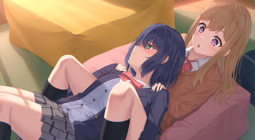 2girls :o adachi_sakura adachi_to_shimamura between_legs black_hair black_legwear blush brown_hair cushion hand_on_another's_shoulder highres kneehighs looking_away lying_on_person multiple_girls nuenue school_uniform shimamura_hougetsu sitting sunlight sweater