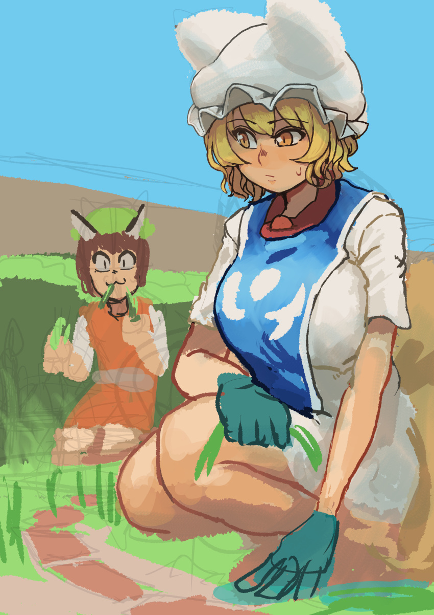 2girls :3 absurdres animal_ears blonde_hair blue_sky brooch brown_hair cat_ears chanta_(ayatakaoisii) chen day fox_ears fox_tail gloves green_gloves green_headwear hat highres jewelry long_sleeves multiple_girls outdoors pillow_hat shirt sky slit_pupils squatting tabard tail touhou unfinished white_headwear white_shirt white_skin yakumo_ran yellow_eyes