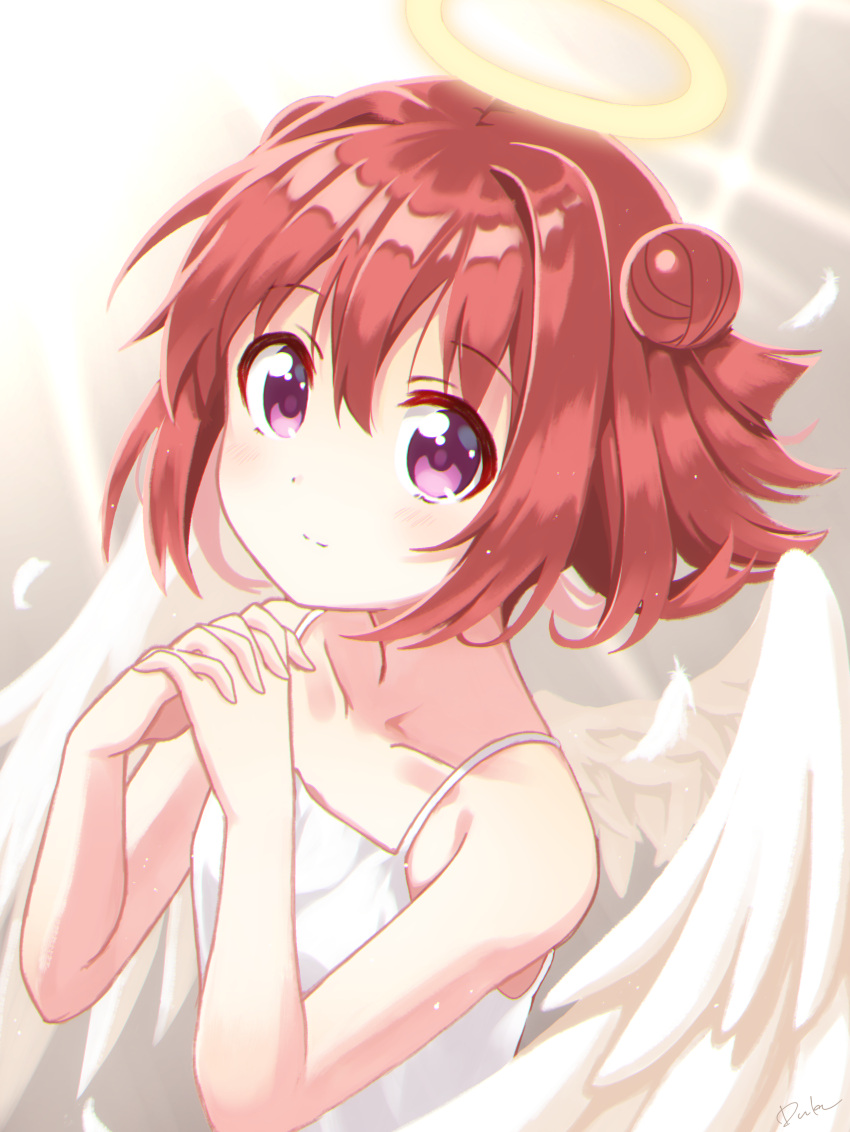 1girl absurdres akaza_akari angel angel_wings bangs bare_shoulders blush camisole closed_mouth collarbone commentary_request double_bun eyebrows_visible_through_hair feathered_wings feathers flat_chest floating_hair glowing halo hands_clasped highres light_smile looking_to_the_side own_hands_together redhead solo spaghetti_strap upper_body usagi_koushaku violet_eyes white_camisole white_wings wings yuru_yuri