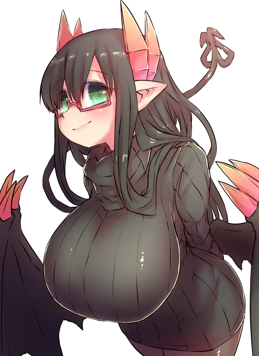 1girl absurdres arms_behind_back black_hair black_sweater black_tail black_wings breasts demon_girl demon_horns demon_tail demon_wings dress glasses highres horns huge_breasts juugoya_(zyugoya) long_hair looking_at_viewer merii_(mazohaha) musuko_ga_kawaikute_shikatanai_mazoku_no_hahaoya pantyhose pointy_ears red-framed_eyewear red_horns ribbed_sweater smile sweater sweater_dress tail white_background wings