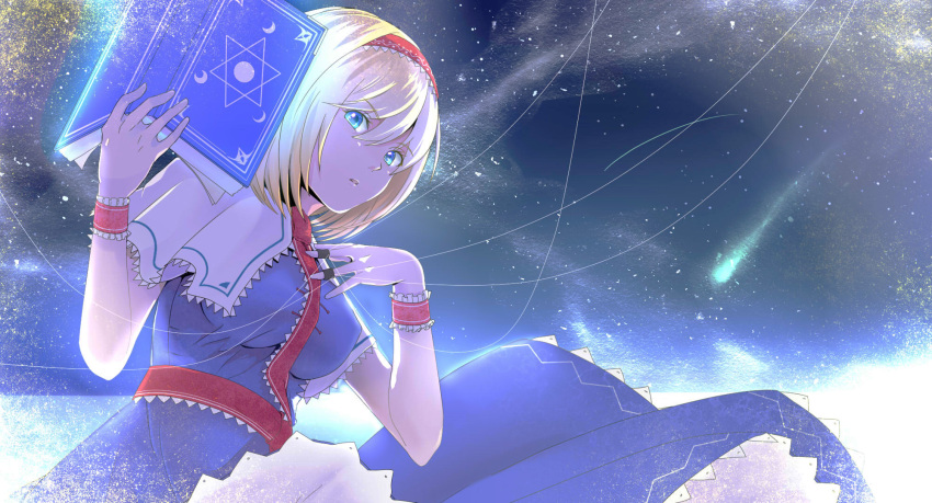 1girl alice_margatroid bangs blonde_hair blue_dress blue_eyes bob_cut book breasts capelet comet commentary_request crescent_moon dress eyebrows_visible_through_hair frilled_cuffs glowing glowing_eyes hair_between_eyes hairband hand_on_own_chest hands_up hexagram highres holding holding_book hybrid_(1212apro) jewelry large_breasts light_particles long_dress looking_at_viewer moon night night_sky open_book parted_lips red_hairband red_neckwear red_ribbon red_sash ribbon ring sash short_hair sidelocks sky solo star_(sky) starry_background starry_sky string touhou white_capelet wrist_cuffs