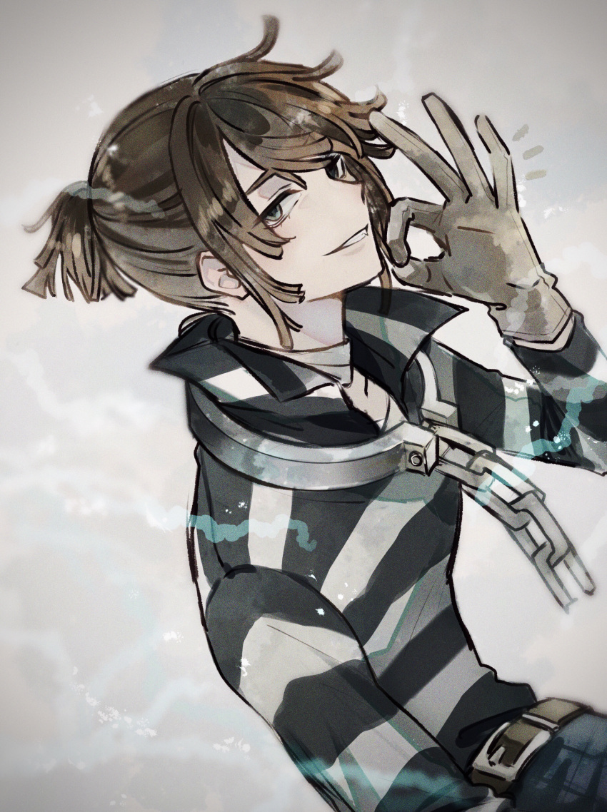 1boy :d absurdres belt brown_hair chain fang film_grain gloves green_eyes grey_gloves highres identity_v kumakara long_sleeves looking_at_viewer luca_balsa ok_sign open_mouth ponytail popped_collar prison_clothes prisoner shirt sidelocks simple_background smile solo striped striped_shirt