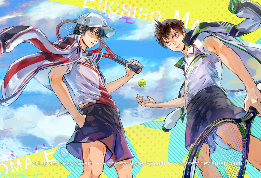 2boys baby_steps ball bangs baseball_cap black_hair brown_eyes brown_hair character_name closed_mouth clouds cloudy_sky collared_shirt commentary cowboy_shot crossover day deviantart_username echizen_ryooma english_commentary from_below green_eyes hair_between_eyes hand_in_pocket hat highres holding holding_racket instagram_username jacket jacket_on_shoulders male_focus maruo_eiichirou multicolored multicolored_background multiple_boys parted_lips purple_shorts racket shirt short_sleeves shorts signature sky smile sportswear standing tennis_ball tennis_no_ouji-sama tennis_racket tennis_uniform trait_connection watermark web_address white_headwear white_shirt zzyzzyy