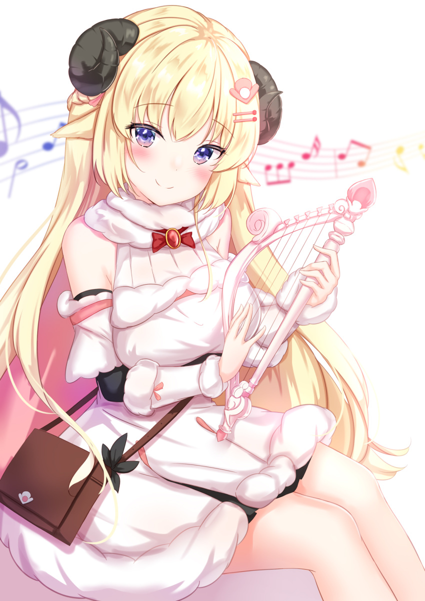 1girl animal_ears blonde_hair breasts detached_sleeves dress eyebrows_visible_through_hair fur_trim hair_ornament hairclip harp highres hololive horns instrument large_breasts long_hair long_sleeves looking_at_viewer music musical_note playing_instrument pocketbook rainbow_gradient sheep_girl sheep_horns sidelocks simple_background sitting smile solo staff_(music) tsunomaki_watame violet_eyes virtual_youtuber white_background white_dress yuano