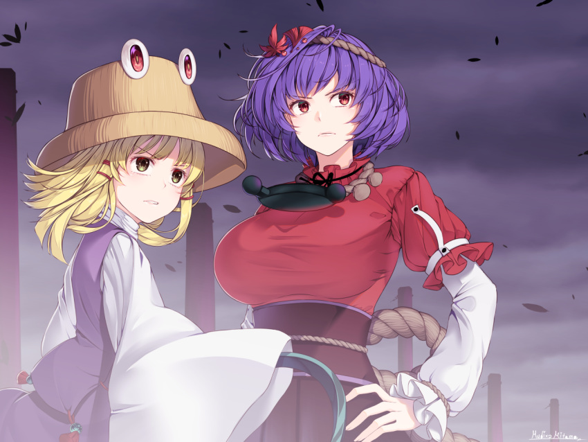 2girls artist_name bangs black_sash black_skirt blonde_hair breasts brown_headwear clouds cloudy_sky commentary_request grey_eyes hair_ornament hand_on_hip large_breasts leaf_hair_ornament long_sleeves moriya_suwako mudix2 multiple_girls outdoors parted_lips pillar purple_hair purple_skirt purple_vest red_eyes red_shirt rope sash serious shirt short_hair signature skirt skirt_set sky touhou v-shaped_eyebrows vest white_shirt wide_sleeves yasaka_kanako