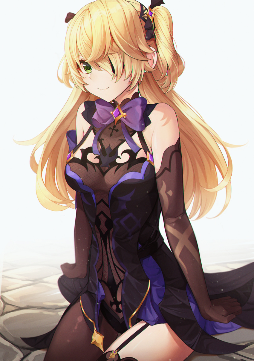 1girl arm_support bangs bare_shoulders black_dress black_legwear blonde_hair blush bow breasts closed_mouth commentary_request detached_sleeves dress elbow_gloves eyepatch fischl_(genshin_impact) garter_straps gem genshin_impact gloves green_eyes hair_ornament hair_over_one_eye hair_ribbon highres long_hair looking_at_viewer multicolored multicolored_clothes multicolored_dress purple_dress ribbon single_thighhigh sitting sleeveless small_breasts smile solo sora_(men0105) thigh-highs two_side_up