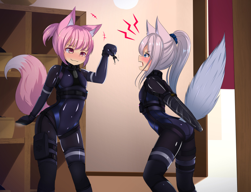 2girls :3 absurdres animal_ears bangs black_bodysuit blue_eyes blush bodysuit bondage_outfit breasts eyebrows_visible_through_hair fang fangs fox_ears fox_tail full-face_blush grey_hair highres hotel01 indoors latex latex_bodysuit long_hair looking_at_another monoglove multiple_girls open_mouth original pink_eyes pink_hair ponytail restrained short_hair skin_tight small_breasts soba_(hotel01) sorbet_(hotel01) tail yuri