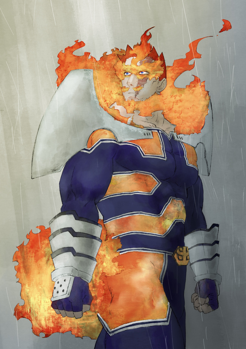 1boy absurdres armor artist_request beard beard_stubble blue_bodysuit bodysuit boku_no_hero_academia endeavor_(boku_no_hero_academia) facial_hair feet_out_of_frame fire highres large_pectorals looking_to_the_side male_focus mature_male muscular muscular_male pauldrons pectorals pyrokinesis rain sanpaku scar scar_across_eye short_hair shoulder_armor sideburns solo spiky_hair standing stubble thick_eyebrows walking