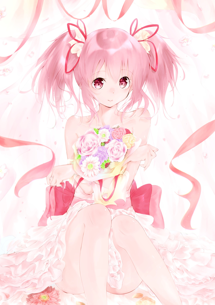 1girl absurdres alternate_costume backlighting bare_arms bare_legs bare_shoulders bouquet bow closed_mouth collarbone crossed_arms curtains dot_nose dress eyebrows_visible_through_hair eyelashes feet_out_of_frame fingernails flower hair_between_eyes hair_ribbon happy highres holding holding_bouquet jewelry kaname_madoka knees_together_feet_apart layered_dress leaf light_particles light_smile looking_at_viewer mahou_shoujo_madoka_magica meen_(ouaughikepdvrsf) on_ground petals pink_bow pink_dress pink_eyes pink_flower pink_hair pink_rose pink_theme purple_flower red_flower red_ribbon red_rose ribbon ring rose scrunchie shadow shiny shiny_hair shiny_skin sidelocks sitting solo strapless strapless_dress tareme thighs twintails waist_bow white_flower white_scrunchie yellow_flower