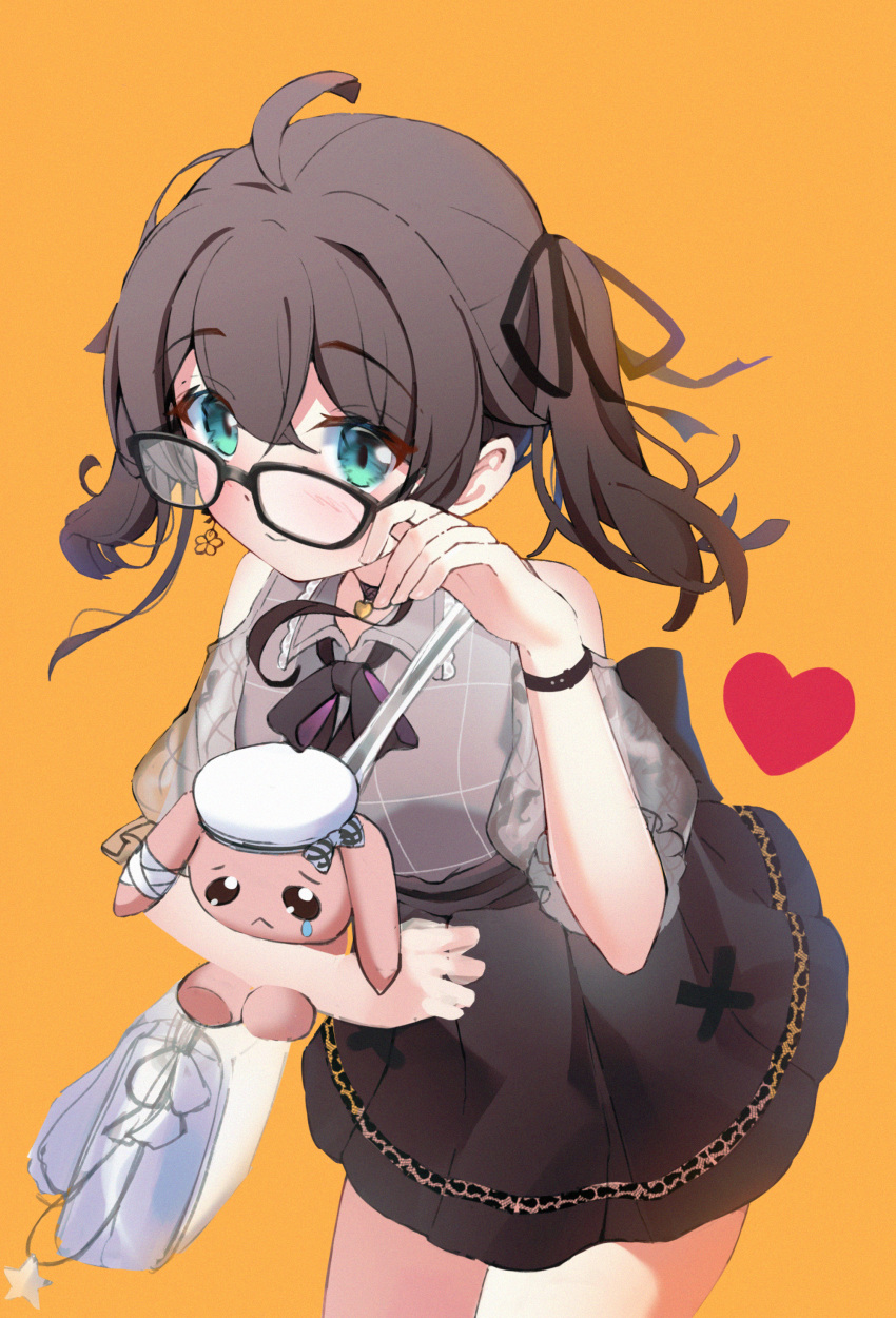 1girl absurdres ahoge bag bangs beret black-framed_eyewear black_ribbon black_skirt blush brown_hair closed_mouth clothing_cutout commentary_request eyebrows_visible_through_hair glasses green_eyes grey_shirt hair_between_eyes hair_ribbon hand_up hat heart highres hololive huge_filesize leaning_forward natsuiro_matsuri object_hug orange_background puffy_short_sleeves puffy_sleeves ribbon sasatabekung shirt short_sleeves shoulder_bag shoulder_cutout simple_background skirt smile solo standing stuffed_animal stuffed_toy twintails virtual_youtuber white_headwear