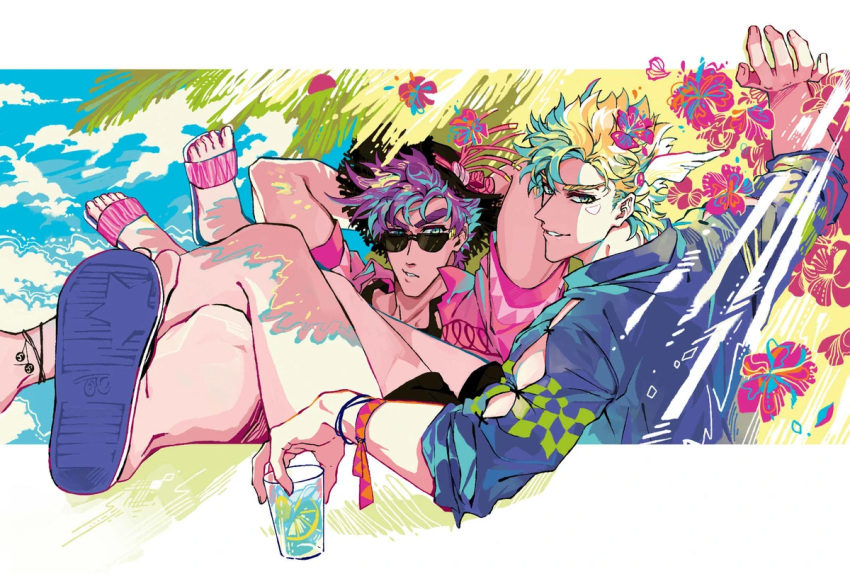 2boys alternate_costume anklet battle_tendency black_shorts black_tank_top bracelet caesar_anthonio_zeppeli clacker colorful crossed_legs cup day drink drinking_glass eyebrows_behind_hair facial_mark flip-flops flower food fourth_wall fruit hat holding holding_cup holding_drink jewelry jojo_no_kimyou_na_bouken joseph_joestar_(young) legs_on_another's_lap lemon lemon_slice light_smile looking_at_viewer looking_back looking_over_eyewear male_focus multicolored multicolored_eyes multicolored_hair multiple_boys nigelungdayo no_headband sandals shorts sleeves_pushed_up summer sun_hat sunglasses tank_top toes tropical wing_hair_ornament winged_hair_ornament
