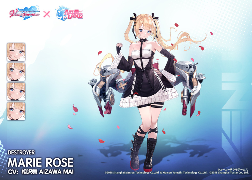 1girl artist_request azur_lane black_footwear black_ribbon blonde_hair blue_eyes boots cannon character_name commentary copyright_name dead_or_alive dead_or_alive_5 dead_or_alive_xtreme detached_sleeves dress english_commentary frilled_dress frills hair_ribbon knee_boots machinery marie_rose official_art petals promotional_art ribbon rigging rose_petals smile solo standing strapless strapless_dress thigh_strap torpedo torpedo_tubes turret twintails wide_sleeves