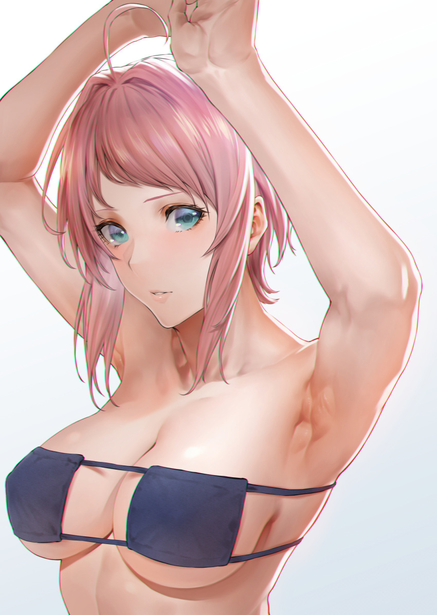 1girl ahoge armpits arms_up blue_eyes breasts chromatic_aberration covered_nipples eyepatch_bikini gradient gradient_background grey_background highres large_breasts mugetsu2501 original pink_hair short_hair solo upper_body