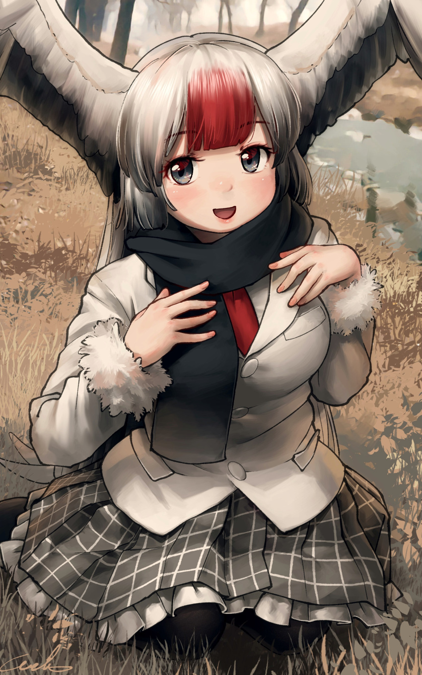 1girl :d absurdres bangs black_eyes black_hair black_legwear black_scarf commentary eyebrows_visible_through_hair frilled_skirt frills fur-trimmed_sleeves fur_trim gradient_hair grey_skirt hands_on_own_chest head_wings highres jacket kemono_friends long_hair long_sleeves looking_at_viewer multicolored_hair necktie on_ground open_mouth outdoors pantyhose plaid plaid_skirt pleated_skirt red-crowned_crane_(kemono_friends) red_neckwear redhead scarf sitting skirt smile solo spread_wings welt_(kinsei_koutenkyoku) white_hair white_jacket wings