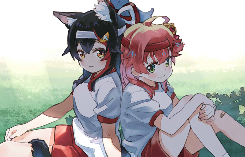 2girls ahoge alternate_costume alternate_hairstyle animal_ear_fluff animal_ears back-to-back bandaid bandaid_on_knee bell black_hair breasts brown_eyes colored_tips commentary_request cowboy_shot grass green_eyes gym_shirt gym_shorts gym_uniform hair_bell hair_ornament headband hololive knees_up long_hair looking_at_viewer medium_breasts multicolored_hair multiple_girls on_grass ookami_mio outdoors pink_hair ponytail red_shorts sakino_shingetsu sakura_miko shade shirt shorts sidelocks sitting smile sunlight tail two-tone_hair virtual_youtuber wolf_ears wolf_tail