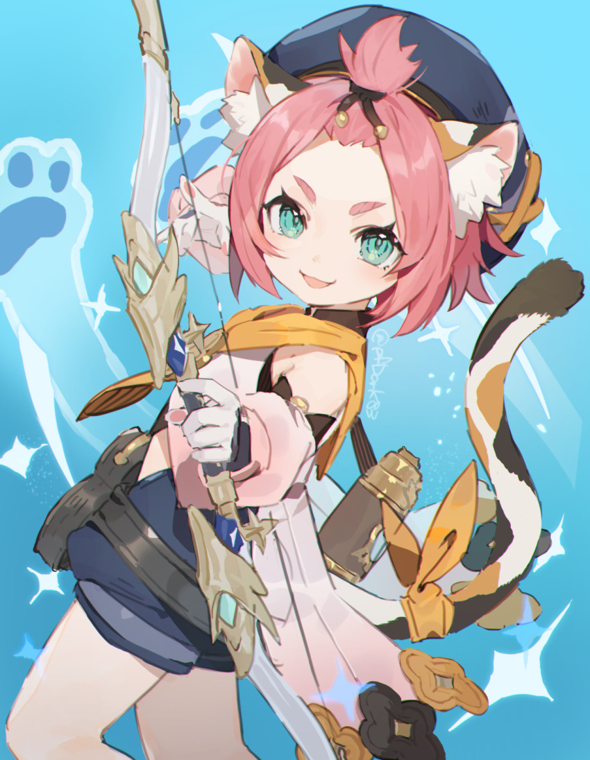 1girl animal_ears aqua_eyes bangs_pinned_back blue_background blue_headwear bow_(weapon) cat_ears cat_tail detached_sleeves diona_(genshin_impact) genshin_impact gloves hat highres holding holding_bow_(weapon) holding_weapon open_mouth orange_neckwear paw_print pink_hair ribbon short_eyebrows short_hair shorts simple_background solo sparkle tail tail_ribbon type-alpha weapon white_gloves