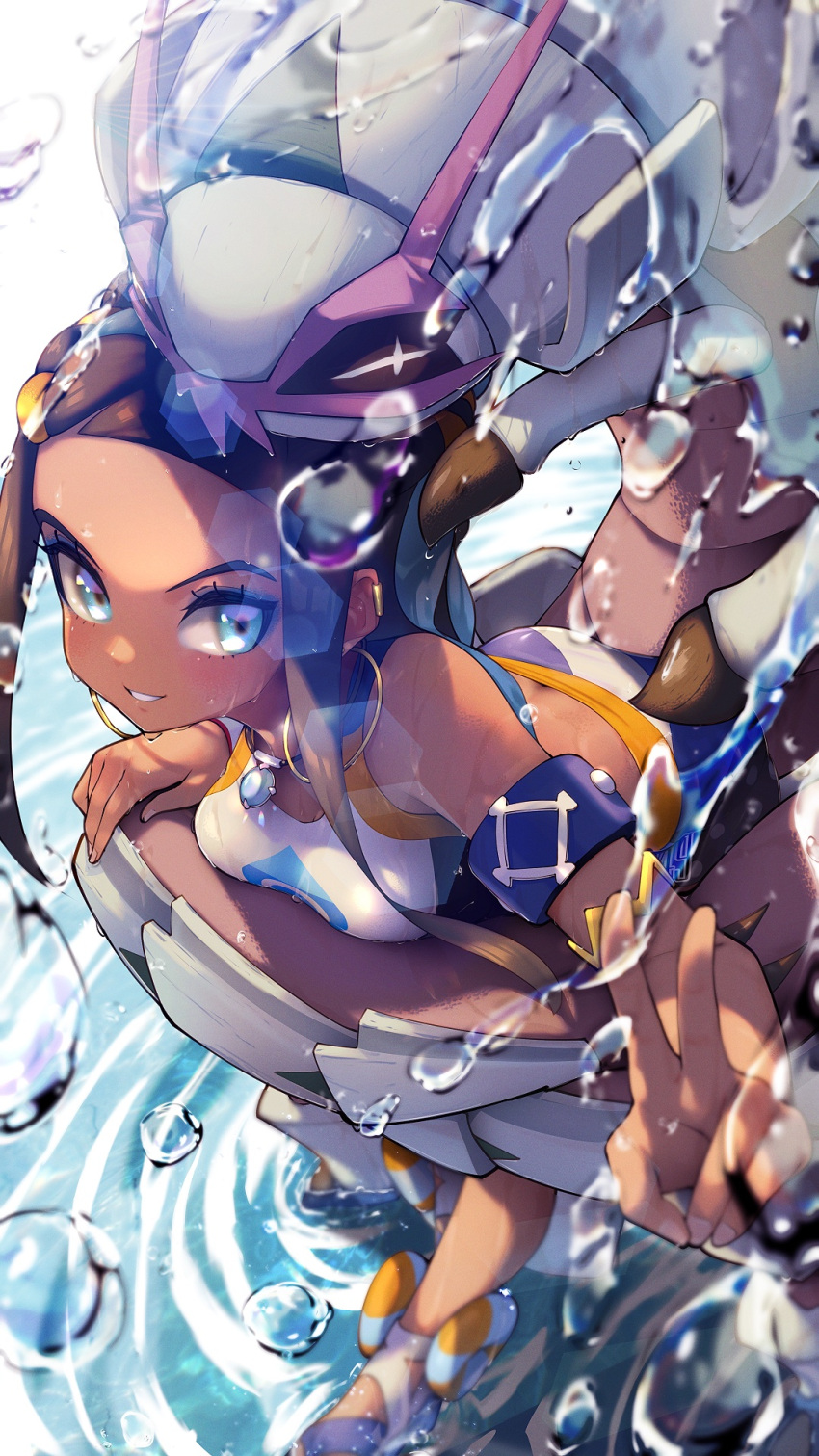 1girl black_hair blue_eyes blue_hair blush dark_skin dark-skinned_female droplet earrings highres hoop_earrings jewelry kashu_(hizake) long_hair nessa_(pokemon) parted_lips pokemon pokemon_(creature) pokemon_(game) pokemon_swsh ripples smile solo swimsuit tankini v water