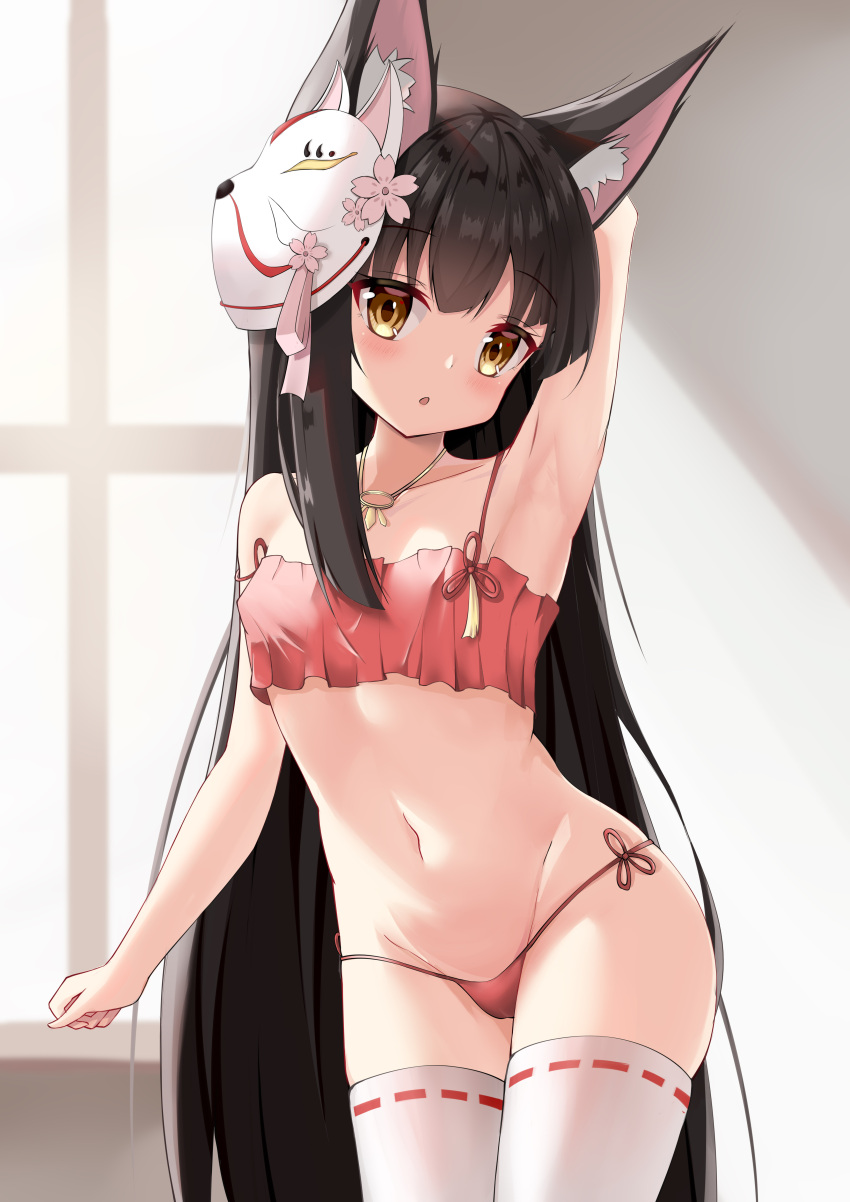 1girl :o absurdres animal_ear_fluff animal_ears arm_up armpits azur_lane bangs bare_shoulders black_hair breasts eyebrows_visible_through_hair fox_ears fox_mask highres jewelry long_hair looking_at_viewer mask mask_on_head nagato-chan nagato_(azur_lane) nagato_(great_fox's_sleepwear)_(azur_lane) navel necklace pajamas panties red_panties shadow small_breasts solo strap_slip thigh-highs underwear very_long_hair white_legwear window yellow_eyes