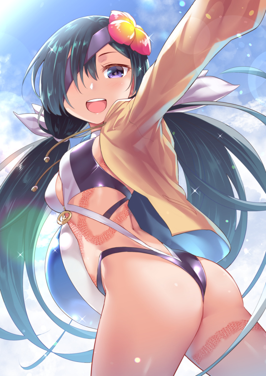 1girl ass ball beachball dark_green_hair eyepatch fate/grand_order fate_(series) flower hair_flower hair_ornament highres long_hair low_twintails mochizuki_chiyome_(fate/grand_order) ono_misao smile snake_tattoo swimsuit twintails violet_eyes