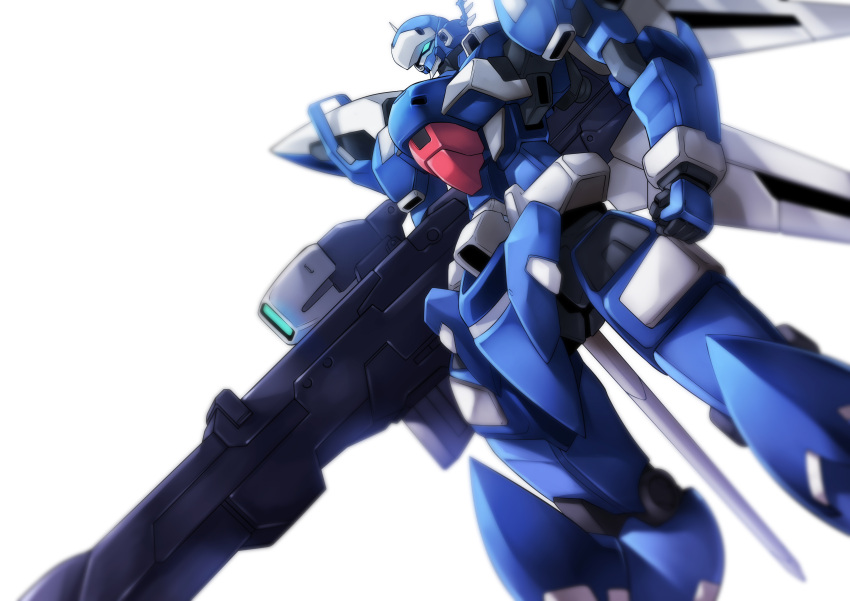 absurdres blue_eyes clenched_hand floating glowing glowing_eye gun haganef highres holding holding_gun holding_weapon mecha mechanical_wings negative_space no_humans science_fiction solo super_robot_wars super_robot_wars_original_generation weapon white_background wildfalken wings