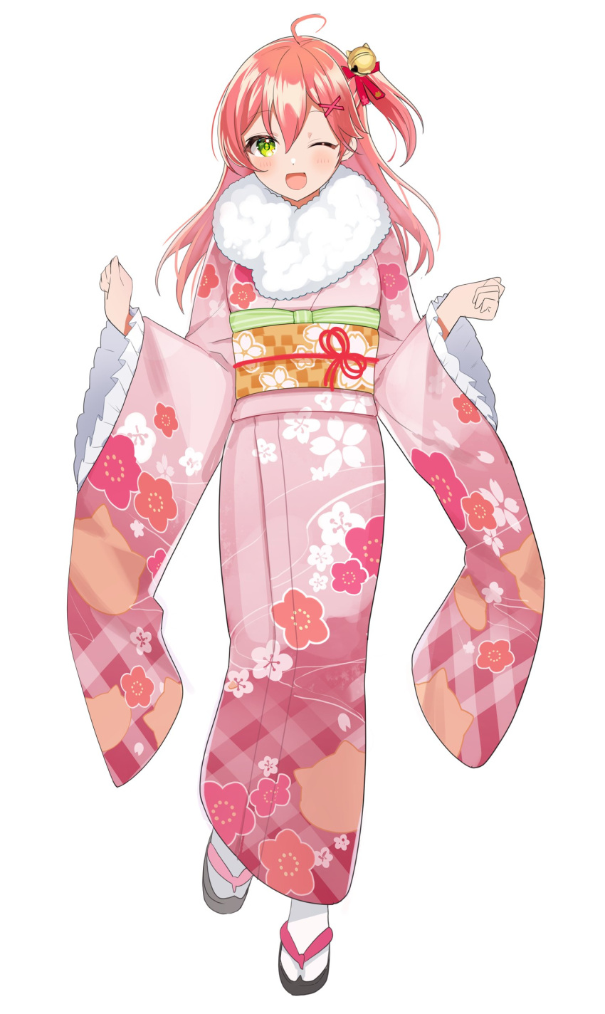 1girl absurdres ahoge alternate_costume bell cherry_blossom_print floral_print full_body green_eyes hair_bell hair_ornament hairclip highres hololive japanese_clothes looking_at_viewer motsunuki one_eye_closed open_mouth pink_hair sakura_miko sandals solo virtual_youtuber white_background x_hair_ornament