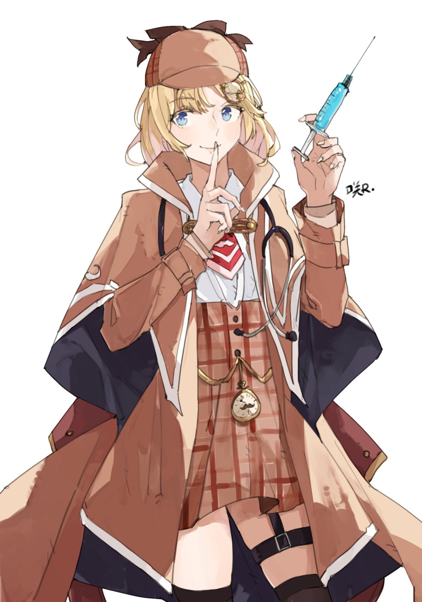 1girl blonde_hair blue_eyes bow brown_bow brown_coat brown_legwear coat cowboy_shot finger_to_mouth fingernails hands_up high-waist_skirt highres holding holding_syringe hololive hololive_english long_hair necktie plaid plaid_headwear plaid_skirt pocket_watch red_neckwear sakuremi short_necktie signature simple_background skirt smile solo stethoscope syringe thigh-highs thigh_strap watch watson_amelia white_background
