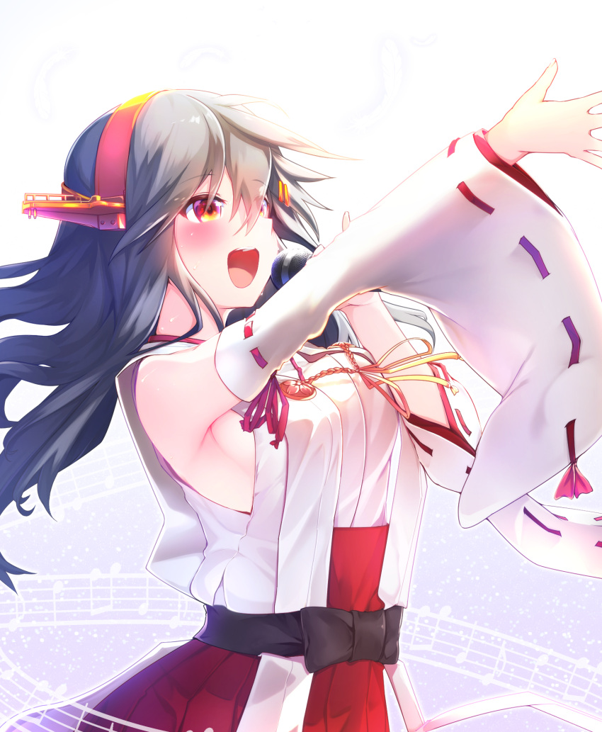 1girl bare_shoulders blush detached_sleeves eyebrows_visible_through_hair grey_hair hair_ornament hairband hairclip haruna_(kantai_collection) headgear highres holding holding_microphone japanese_clothes kantai_collection long_hair microphone music musical_note nontraditional_miko open_mouth red_skirt remodel_(kantai_collection) ribbon-trimmed_sleeves ribbon_trim singing skirt smile solo tsukui_kachou wide_sleeves