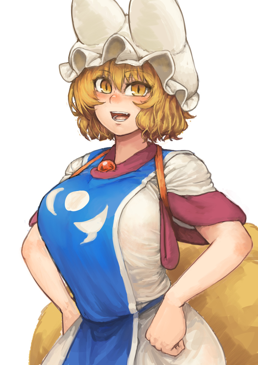 1girl :d absurdres animal_ears blonde_hair breasts brooch chanta_(ayatakaoisii) cowboy_shot fox_ears hands_on_hips hat highres huge_breasts jewelry looking_at_viewer open_mouth pillow_hat shirt short_hair short_sleeves simple_background skirt slit_pupils smile solo tabard touhou upper_body white_background white_headwear white_shirt white_skirt yakumo_ran yellow_eyes