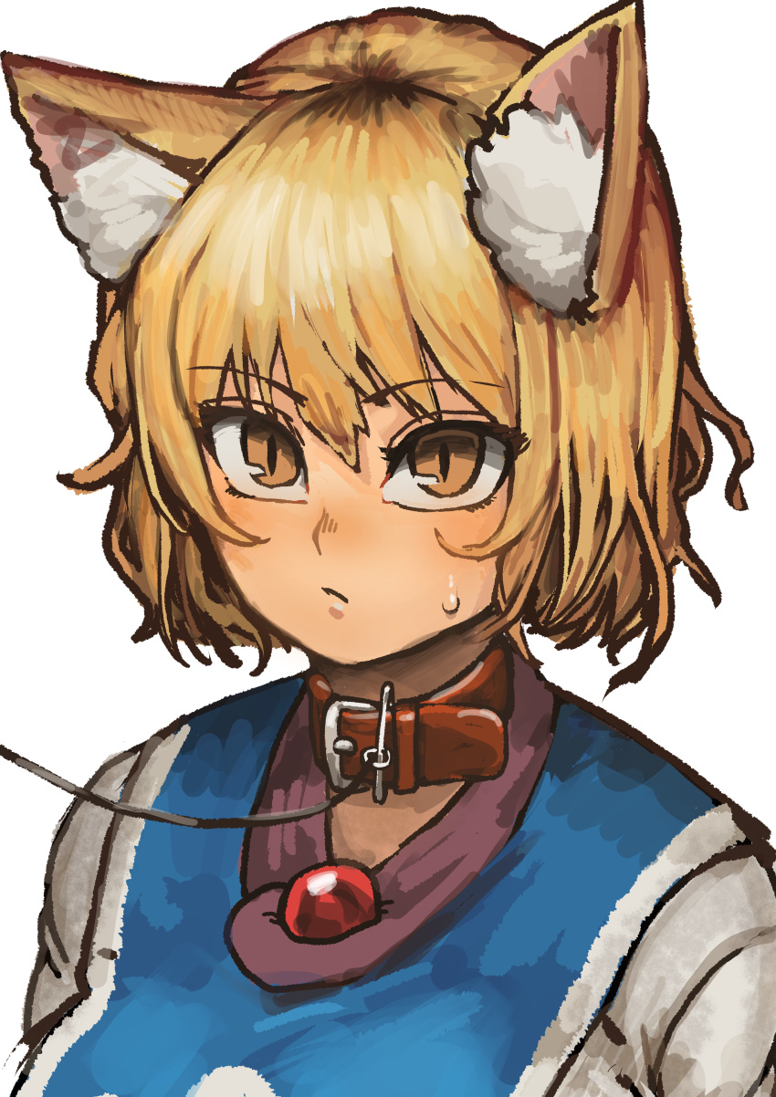 1girl absurdres animal_ear_fluff animal_ears belt_collar blonde_hair blush brooch chanta_(ayatakaoisii) closed_mouth collar fox_ears highres jewelry leash looking_at_viewer portrait shirt short_hair simple_background slit_pupils solo sweat tabard touhou upper_body white_background white_shirt yakumo_ran yellow_eyes