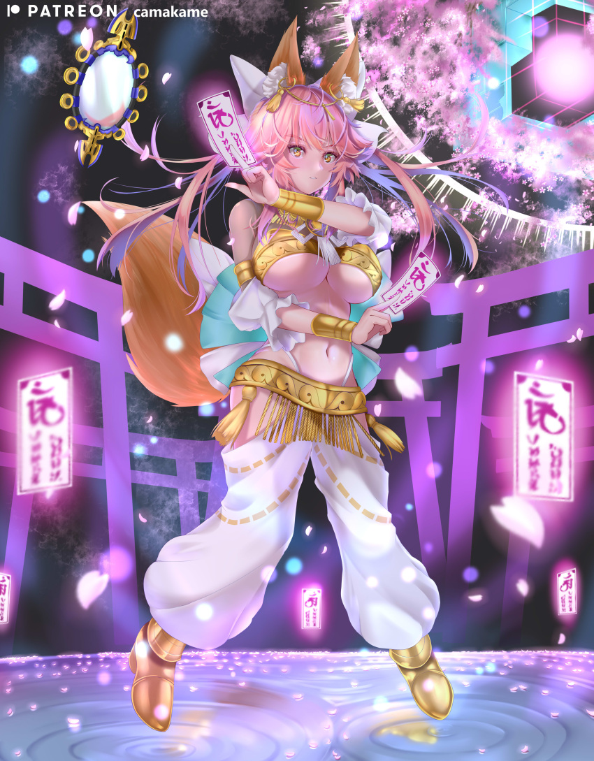 1girl absurdres amaterasu_(fate) animal_ear_fluff animal_ears blush breasts commentary commentary_request eyebrows_visible_through_hair fate/extra fate/extra_ccc fate_(series) fox_ears fox_girl fox_tail gold_bracelet hair_ribbon highres kamehito large_breasts looking_at_viewer midriff navel pink_hair ribbon solo suiten_nikkou_amaterasu_yanoshisu_ishi tail tamamo_(fate)_(all) tamamo_no_mae_(fate) under_boob water white_ribbon yellow_eyes