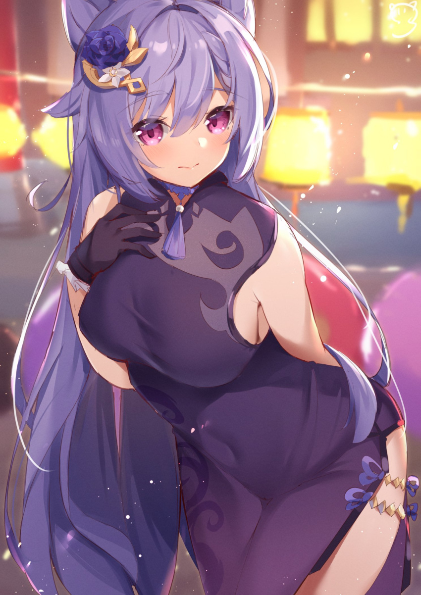 1girl alternate_costume bare_shoulders black_dress blush breasts china_dress chinese_clothes choker closed_mouth covered_navel double_bun dress eyebrows_visible_through_hair flower genshin_impact gloves hair_bun hair_flower hair_ornament half-closed_eyes hand_on_own_chest highres keqing_(genshin_impact) lantern large_breasts leaning_forward long_hair looking_at_viewer nahaki night pink_eyes purple_hair sideboob sleeveless sleeveless_dress smile solo twintails