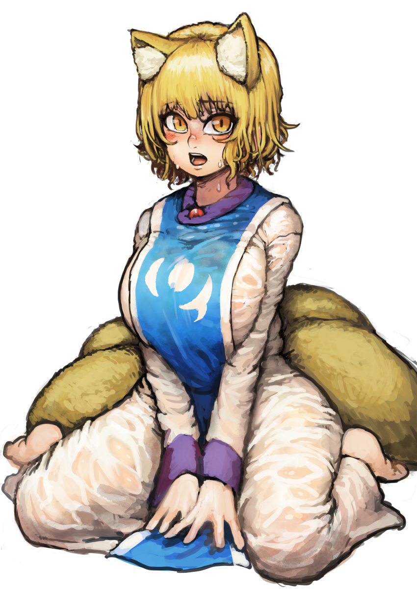 1girl absurdres animal_ears barefoot between_legs blonde_hair breasts brooch chanta_(ayatakaoisii) fox_ears fox_tail hand_between_legs highres huge_breasts jewelry looking_at_viewer multiple_tails open_mouth shirt short_hair simple_background sitting skirt slit_pupils solo tabard tail touhou wariza wet wet_clothes wet_shirt wet_skirt white_background white_shirt white_skin yakumo_ran yellow_eyes