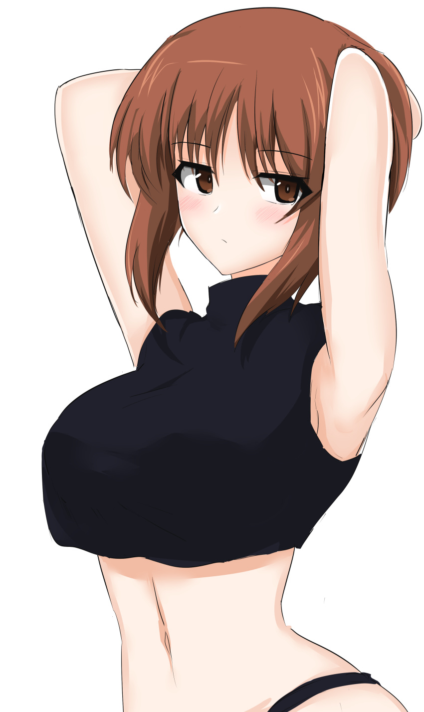 1girl absurdres aikir_(jml5160) armpits arms_behind_head arms_up bangs black_panties black_shirt blush brown_eyes brown_hair closed_mouth commentary crop_top eyebrows_visible_through_hair frown girls_und_panzer highres looking_at_viewer navel nishizumi_miho no_pants panties shirt short_hair simple_background sleeveless sleeveless_shirt solo standing underwear upper_body white_background