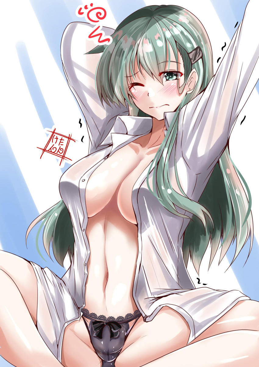 1girl absurdres aqua_eyes aqua_hair black_panties breasts commentary_request dress_shirt hair_ornament hairclip highres indian_style kantai_collection kentan_(kingtaiki) lace lace_panties large_breasts long_hair no_bra one_eye_closed open_clothes open_shirt panties shirt sitting solo stretch suzuya_(kantai_collection) underwear white_shirt