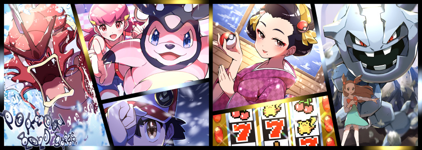 1boy 3girls absurdres alternate_color badge bangs baseball_cap black_hair blue_shorts blush brown_hair buttons checkered checkered_floor collarbone commentary_request dress eyebrows_visible_through_hair eyelashes eyeshadow floating_hair frills gen_1_pokemon gen_2_pokemon green_dress grey_eyes gyarados hair_bobbles hair_ornament hairclip hand_up hat highres holding holding_poke_ball indoors japanese_clothes jasmine_(pokemon) kimono_girl_(pokemon) long_hair looking_at_viewer makeup miltank mole mole_under_mouth multiple_girls open_mouth outstretched_arm pikachu pink_hair pointing poke_ball poke_ball_(basic) pokemon pokemon_(creature) pokemon_(game) pokemon_hgss pon_yui red_(pokemon) red_eyes red_eyeshadow rock shiny shiny_hair shiny_pokemon shorts smile snowing sparkle steelix tongue unown unown_d unown_e unown_g unown_i unown_k unown_l unown_m unown_n unown_o unown_p unown_r unown_s unown_v water water_drop whitney_(pokemon) wide_sleeves yellow_eyes