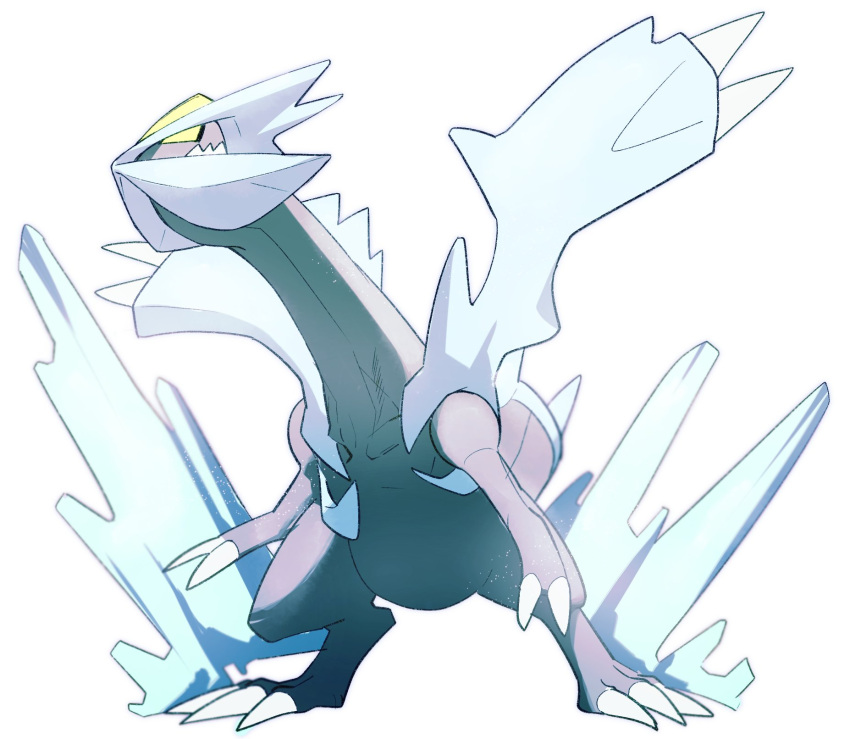 claws commentary full_body highres ice kyurem looking_up morio_(poke_orio) no_humans pokemon pokemon_(creature) solo spikes standing white_background yellow_eyes