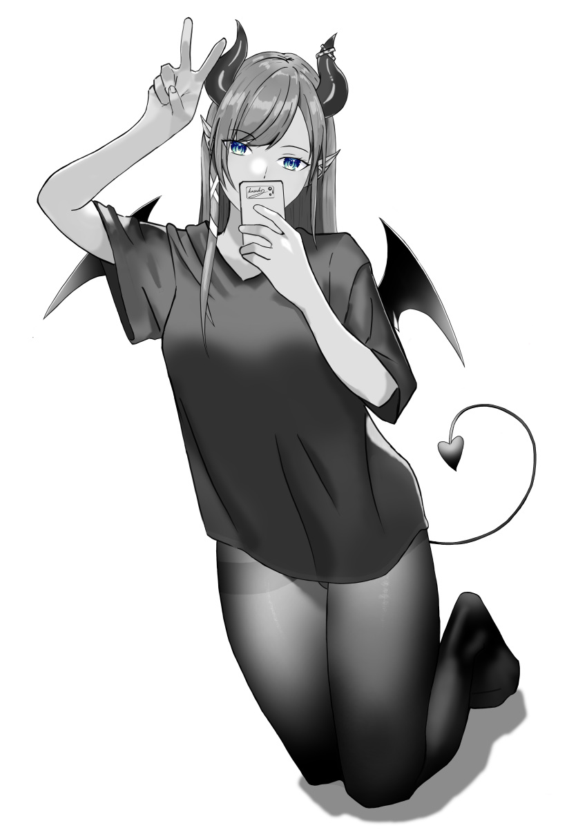 1girl absurdres alternate_costume arm_up black_legwear black_shirt blue_eyes breasts casual cellphone covering_mouth demon_horns demon_tail demon_wings eyelashes full_body hand_up highres holding holding_phone hololive horns kazukikaidon kneeling large_breasts long_hair looking_at_viewer monochrome no_pants pantyhose phone pointy_ears self_shot shadow shirt simple_background smartphone solo spot_color t-shirt tail thighs tied_hair tsurime v v-neck very_long_hair virtual_youtuber white_background wings yuzuki_choco