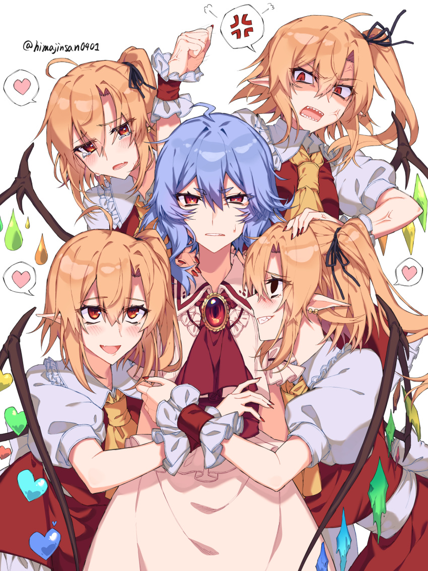 5girls :d ahoge anger_vein ascot bangs black_ribbon blonde_hair blouse blue_hair blush collar collared_blouse commentary_request crying crystal droplet earrings empty_eyes eyebrows_visible_through_hair fang flandre_scarlet four_of_a_kind_(touhou) frilled_blouse frilled_collar frills fume gem grin hair_between_eyes hair_ribbon hand_on_another's_head heart highres himadera jewelry looking_at_another looking_at_viewer messy_hair multiple_girls nail_polish open_mouth pink_blouse pink_skirt pointy_ears puffy_short_sleeves puffy_sleeves red_eyes red_nails red_neckwear red_skirt red_vest remilia_scarlet ribbon sharp_teeth shirt short_hair short_sleeves side_ponytail simple_background skin_fang skirt slit_pupils smile speech_bubble spoken_anger_vein spoken_heart sweatdrop tears teeth touhou tsurime twitter_username vest white_background white_shirt wing_collar wings wrist_cuffs yellow_neckwear