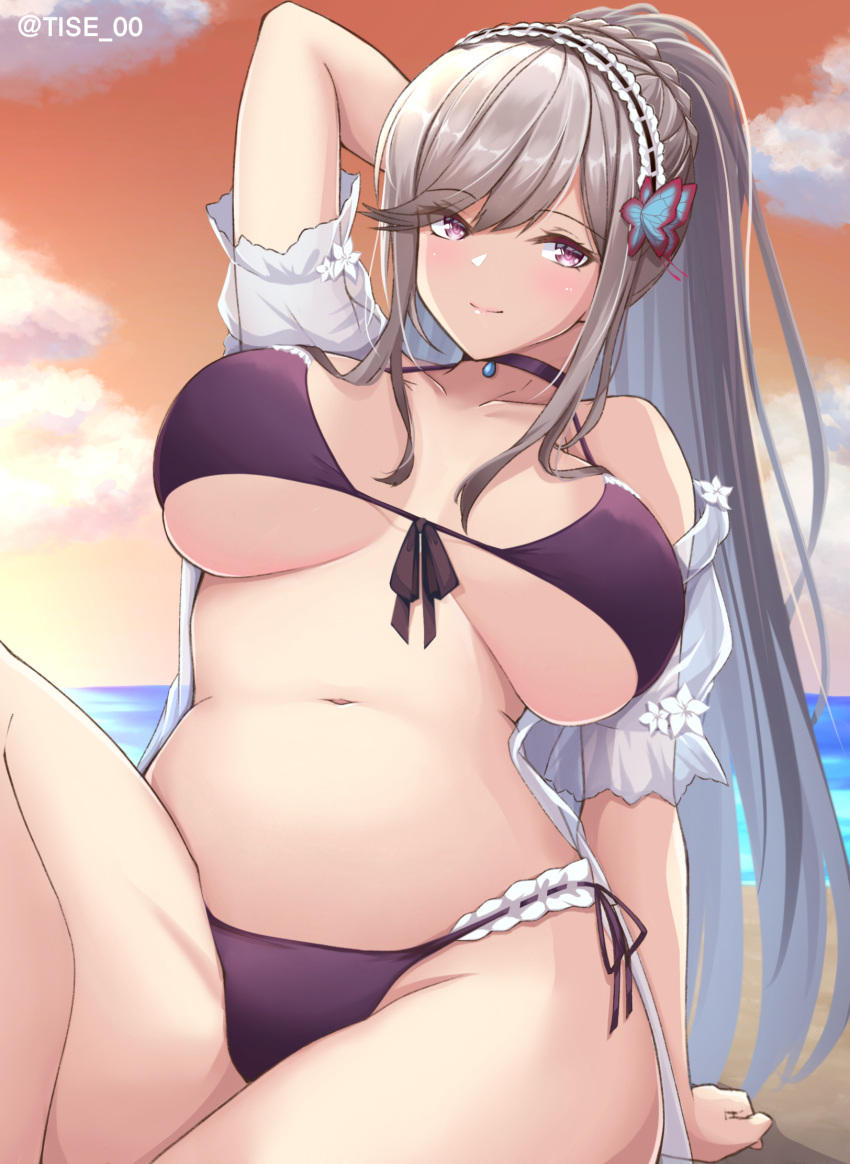 1girl azur_lane bangs bikini breasts breasts_apart butterfly_hair_ornament choker closed_mouth collarbone commentary_request dunkerque_(azur_lane) dunkerque_(summer_sucre)_(azur_lane) eyebrows_visible_through_hair grey_hair hair_ornament hairband highres large_breasts looking_at_viewer navel oserotto outdoors ponytail purple_bikini side-tie_bikini sidelocks sitting smile solo swimsuit twitter_username violet_eyes