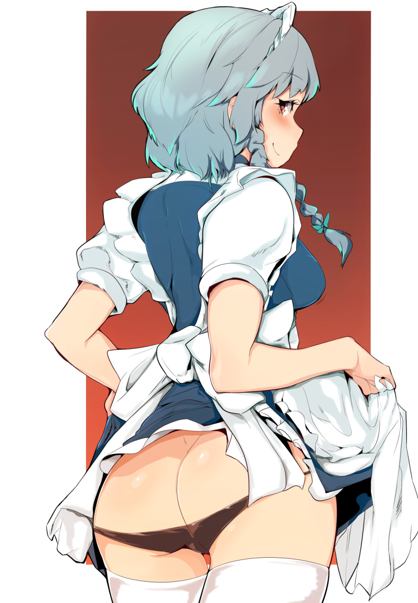 1girl apron ass black_panties blue_dress blush bow braid breasts closed_mouth commentary cowboy_shot dress dress_lift from_behind hekiga_(freelot) highres izayoi_sakuya looking_at_viewer looking_back maid maid_apron maid_headdress medium_breasts medium_hair panties red_background red_eyes short_sleeves side_braids silver_hair simple_background smile solo thigh-highs thigh_gap thighs touhou twin_braids underwear white_legwear