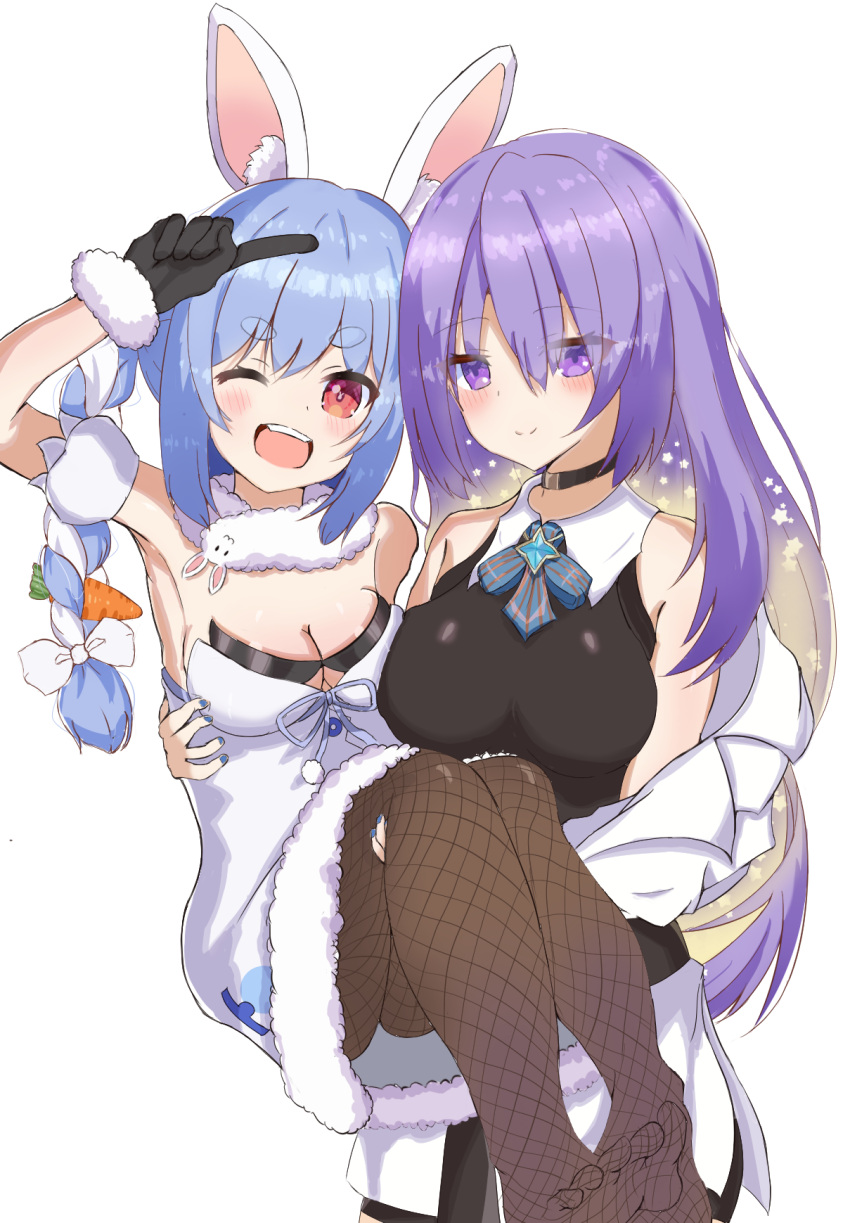 2girls animal_ears arm_up black_choker black_gloves blonde_hair blue_hair blue_nails blue_ribbon braid breasts brown_legwear carrot carrying choker commentary_request cowboy_shot don-chan_(usada_pekora) dress fishnet_legwear fishnets food_on_hair fur-trimmed_dress fur-trimmed_gloves fur_trim gloves highres hololive hololive_indonesia jacket large_breasts long_hair medium_breasts moona_hoshinova multicolored_hair multiple_girls nail_polish no_shoes off-shoulder_jacket one_eye_closed open_mouth pointing_at_another princess_carry purple_hair rabbit_ears red_eyes ribbon shirt sidelocks simple_background sleeveless sleeveless_shirt smile starry_hair strapless strapless_dress twin_braids twintails two-tone_hair usada_pekora very_long_hair violet_eyes virtual_youtuber webwebsin white_background white_dress white_hair white_jacket