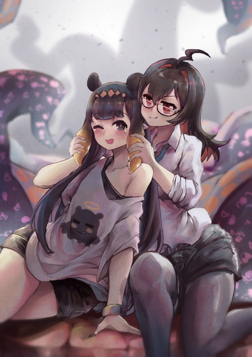 2girls :i absurdres ahoge animal_ears arm_support bangs black_hair black_legwear black_shorts blunt_bangs blurry blush casual collarbone cowboy_shot depth_of_field diamond_hairband dust enma-chan glasses grey_background hair_grab highres hippopotamus_ears hololive hololive_english knee_up long_hair looking_at_another loose_necktie multicolored_hair multiple_girls necktie ninomae_ina'nis off-shoulder_shirt off_shoulder office_lady one_eye_closed pantyhose playing_with_another's_hair red_eyes shirt shorts sidelocks sitting sleeves_pushed_up tako_(ninomae_ina'nis) tentacle_grab tentacle_hair tentacles thighs two-tone_hair very_long_hair violet_eyes virtual_youtuber vyragami white_shirt wince wristband