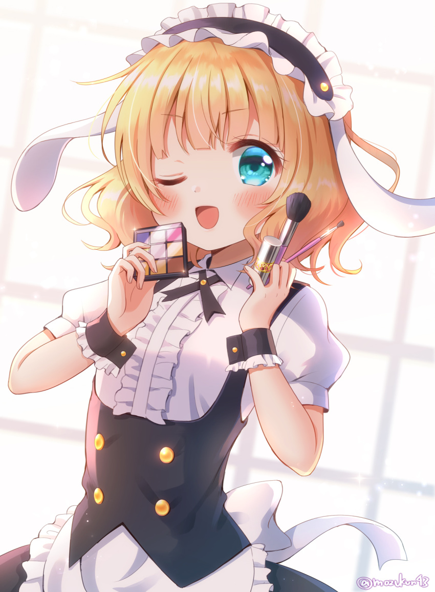 1girl ;d animal_ears apron aqua_eyes bangs blonde_hair blunt_bangs blush center_frills fleur_de_lapin_uniform floppy_ears frilled_apron frills gochuumon_wa_usagi_desu_ka? headdress highres kirima_sharo looking_at_viewer makeup makeup_brush medium_hair mozukun43 one_eye_closed open_mouth puffy_short_sleeves puffy_sleeves rabbit_ears short_sleeves smile solo twitter_username underbust white_apron wrist_cuffs